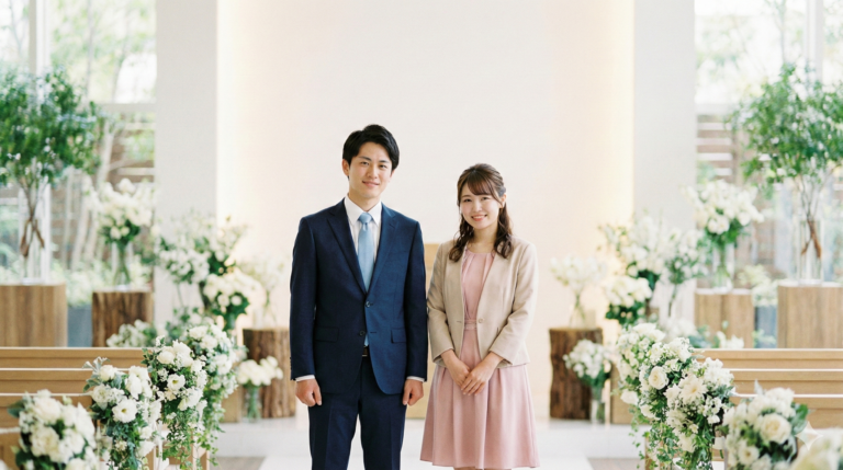 結婚式に友人として参列する男女の華やかさと落ち着きを意識した服装イメージ