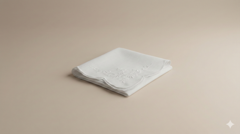 結婚式 服装 NG マナー違反と判断基準」の記事用アイキャッチ画像。落ち着いたベージュの背景に、白い刺繍入りのハンカチが丁寧に折りたたまれて置かれている静謐な実写写真。マナー違反となる「白」を連想させ、適切な判断基準を想起させるイメージ。