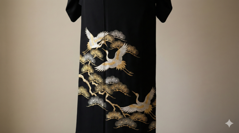 結婚式で親族が着用する黒留袖。鶴と松の金銀刺繍が施された写真
