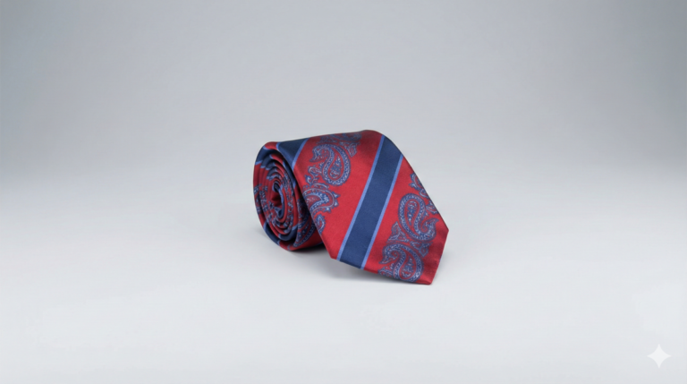 通夜の服装NGマナーに関する記事のアイキャッチ画像。落ち着いたグレーの背景に、通夜には不適切とされる赤と青の派手なペイズリー柄のネクタイが、一つ丸められて置かれている静謐な実写写真。