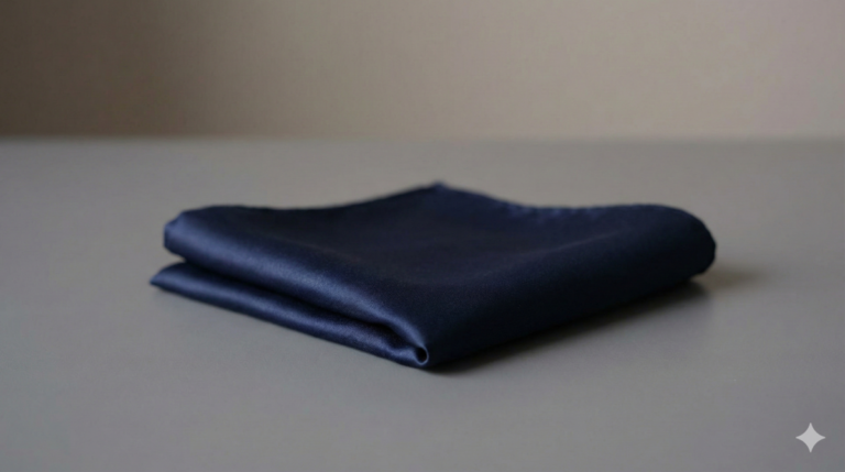 喪中 結婚式 服装｜出席・欠席で迷わない判断基準に関する記事のアイキャッチ画像。落ち着いたトーンで撮影されたネイビーのシルクポケットチーフが平らな面に置かれており、マナーや判断基準を示唆する品のあるイメージとして表現されています。