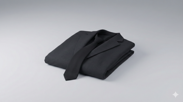 通夜の服装マナーに関する記事のアイキャッチ画像。落ち着いたグレーの背景に、略式でも失礼にならないとされる黒いスーツの上着とネクタイが丁寧に折りたたまれて置かれている静謐な実写写真。