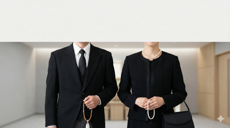 葬儀に参列する際の男女別服装マナーを解説するイメージ画像