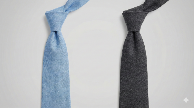 結婚式の季節別服装マナーを説明する写真。左側に夏用の淡いブルーのリネンネクタイ、右側に冬用のチャコールグレーのウールネクタイが並んでいる。