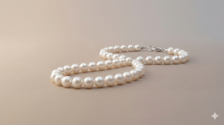 冠婚葬祭 服装マナーの基本｜迷ったときに立ち返る考え方と判断軸」の記事用アイキャッチ画像。落ち着いたベージュの背景に、マナーの基本とされる白い真珠のネックレスが静かに置かれている実写写真。