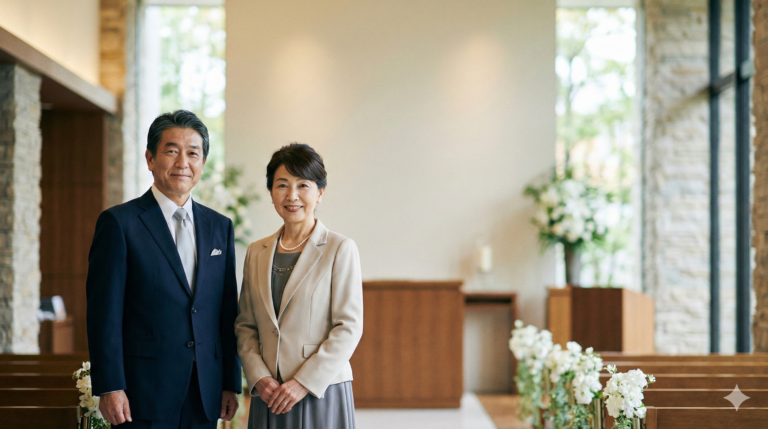 結婚式に親族として参列する男女の落ち着いたフォーマルな服装イメージ